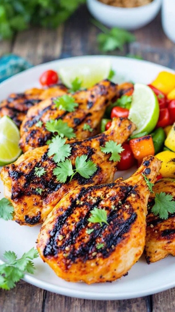 Grilled chili lime chicken with cilantro on a plate, served with vegetables and lime wedges.